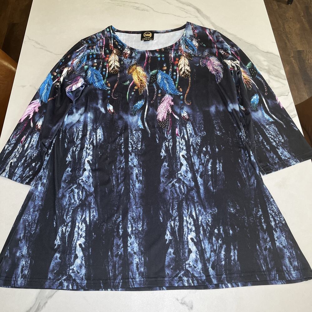 Ameri Mode Embellished Feather Print Artsy 3/4 Sleeve Tunic / Dress Womens L/XL